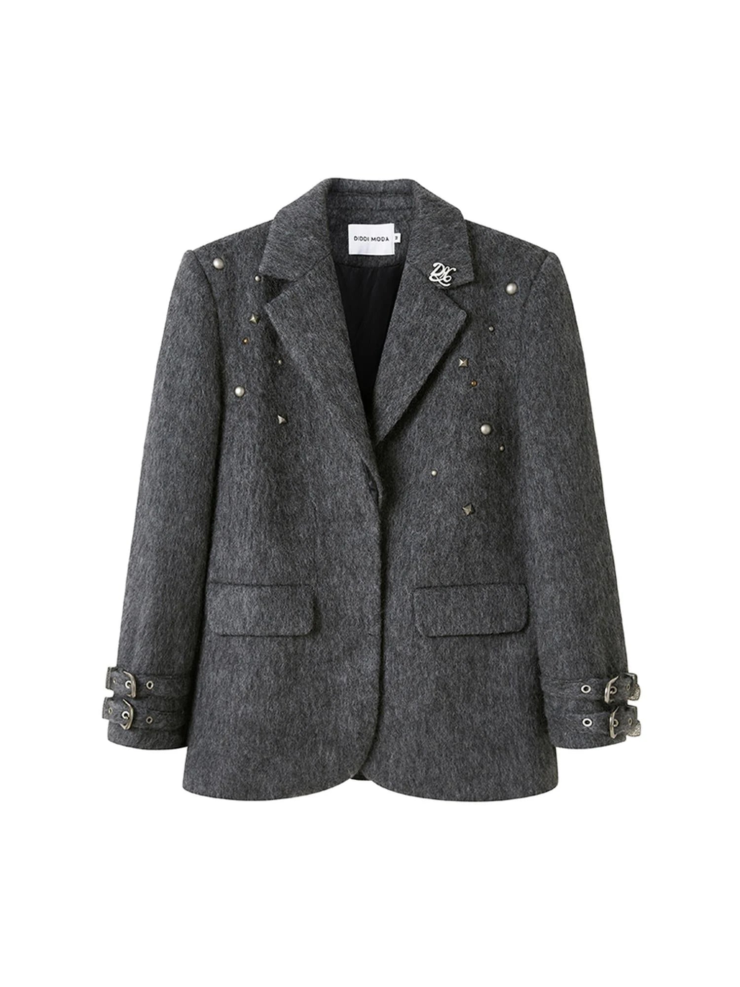 Grey Wool Blazer With Studs Shoulder Pads