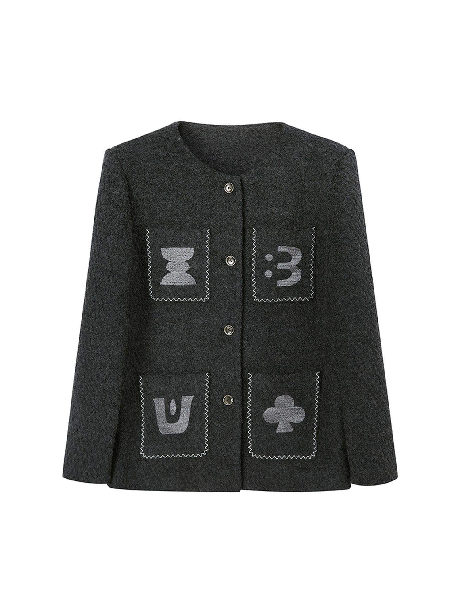 DIDDI MODA Elegant Cropped Bouclé Jacket With Embroidered Pockets &amp; Digital Motifs