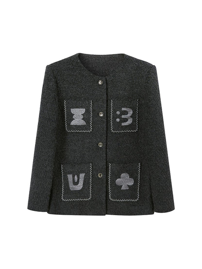 DIDDI MODA Elegant Cropped Bouclé Jacket With Embroidered Pockets &amp; Digital Motifs