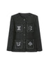 DIDDI MODA Elegant Cropped Bouclé Jacket With Embroidered Pockets & Digital Motifs