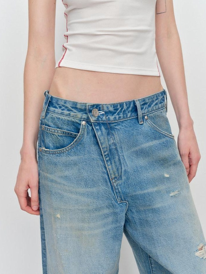 RUN TO THE FUTURE Durable Distressed Low Rise Loose Fit Casual Light Blue Denim Wide-Leg Jeans