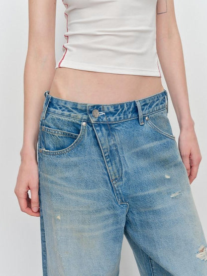 RUN TO THE FUTURE Durable Distressed Low Rise Loose Fit Casual Light Blue Denim Wide-Leg Jeans
