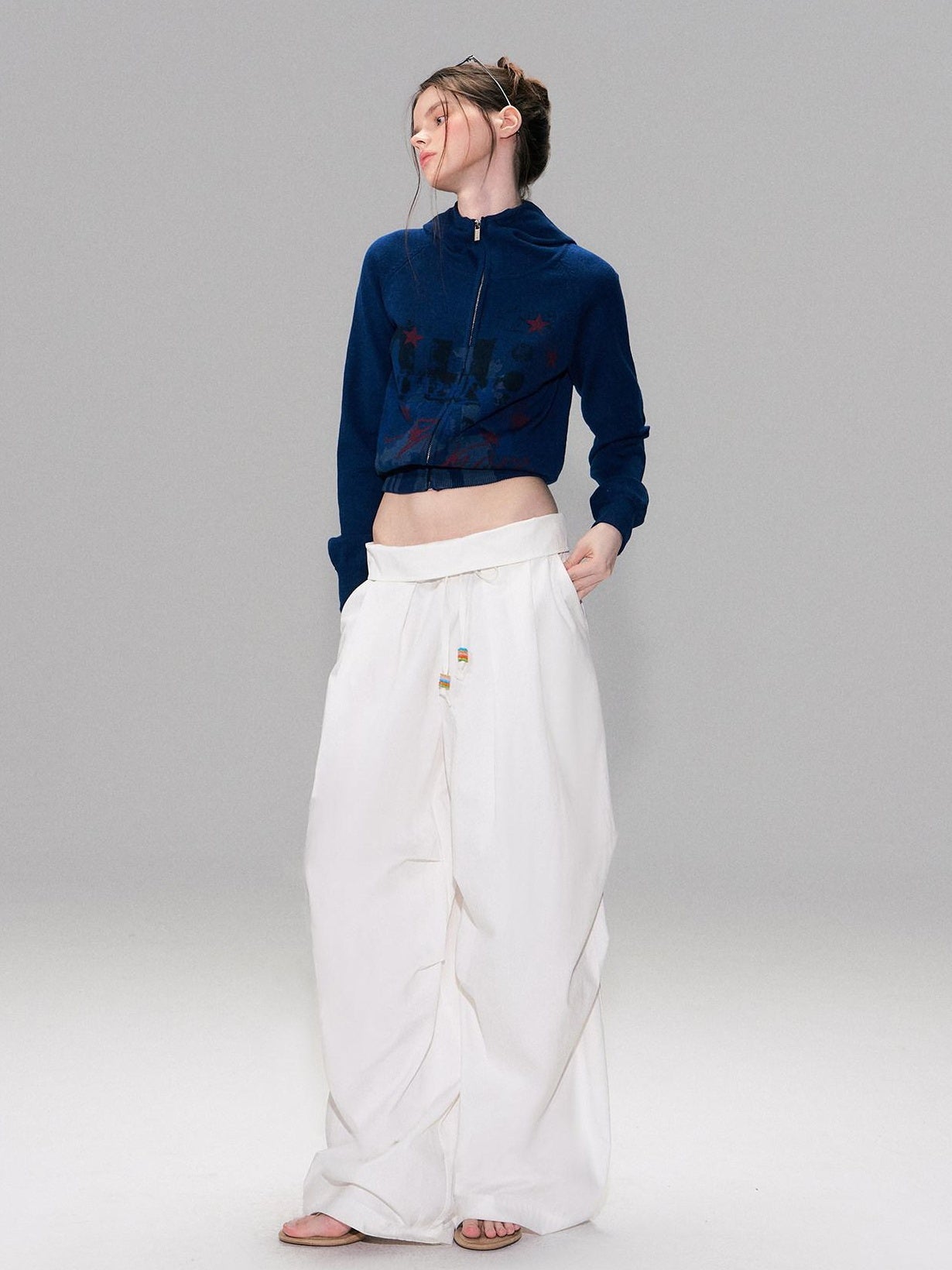 The NeverMore Cotton Blend Vintage Curved Cut Natural Waist Women White Wide Leg Pants
