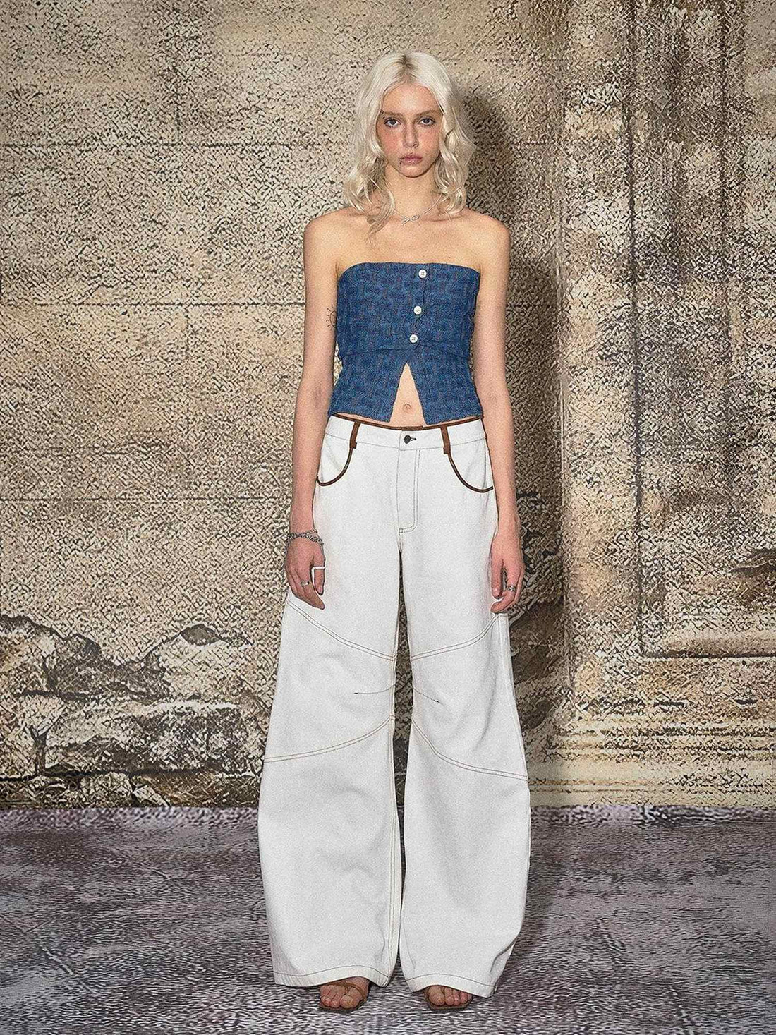 The NeverMore High Cotton Relaxed Distressed Low Rise White Denim Women Wide Leg Jeans