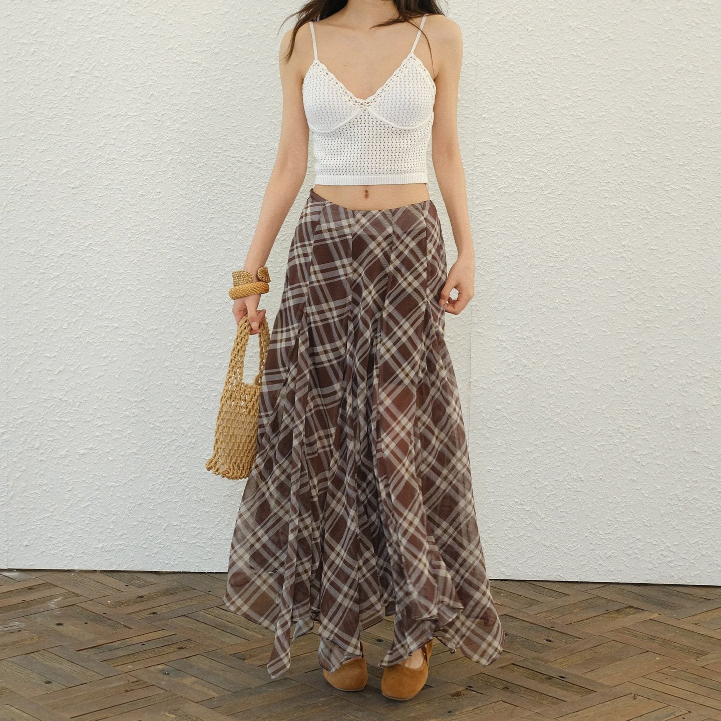 FU_FRESH_UP_Vintage_Plaid_Print_Irregular_A_Line_High_Waist_Women&