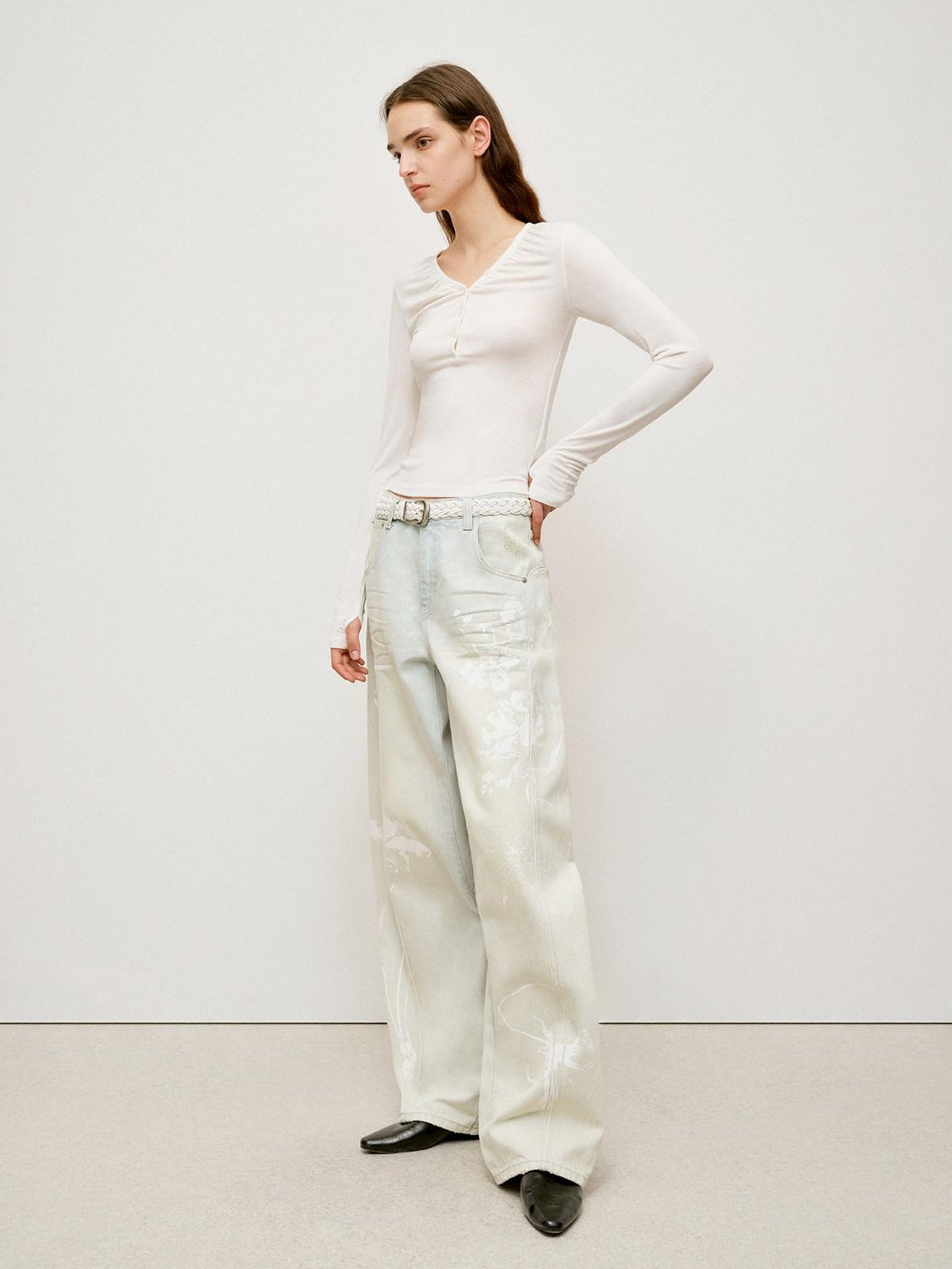 RUN TO THE FUTURE Vintage Light Blue Floral Cotton Loose Casual Womens Zipper Fly Wide-Leg Jeans
