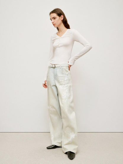 RUN TO THE FUTURE Vintage Light Blue Floral Cotton Loose Casual Womens Zipper Fly Wide-Leg Jeans