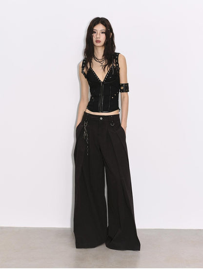 Low pixel Pleated Low Waist Relaxed Cotton Blend Black Women Wide Leg Pants