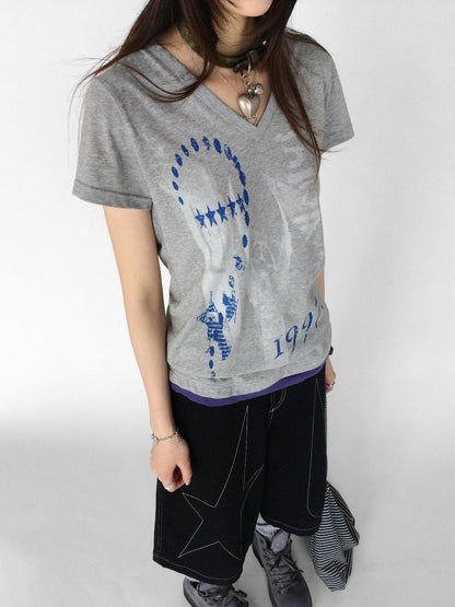 innomoood Heather Distressed Print Colorblock V-neck Women&