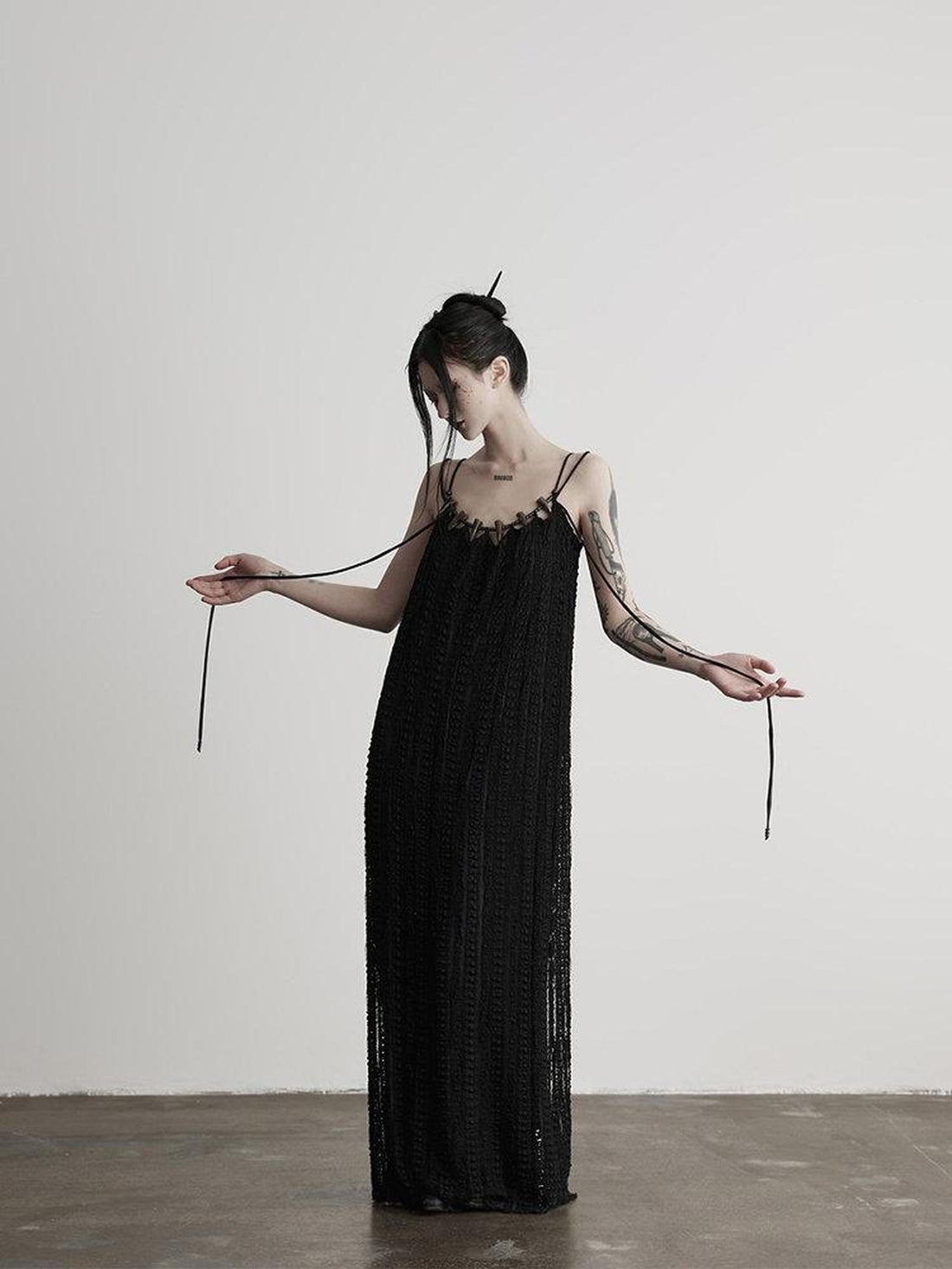 INDULGE Sleek Dark Goth Lace Ribbon H Natural Waist Black Nylon Slip Maxi Dresses