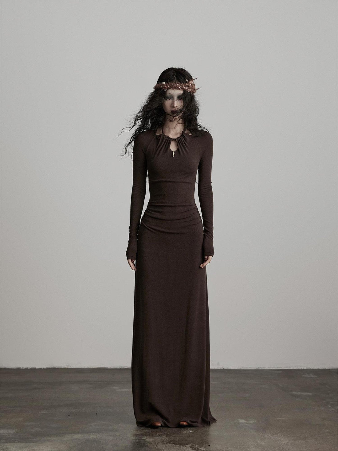 INDULGE Soft Modal Wool Cutout Slim Fit Long Sleeve Casual Brown Bodycon Maxi Dresses