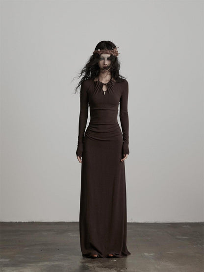 INDULGE Soft Modal Wool Cutout Slim Fit Long Sleeve Casual Brown Bodycon Maxi Dresses