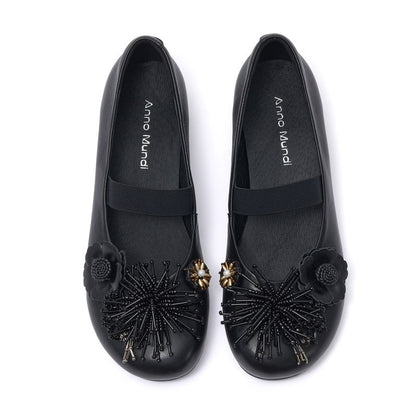 AnnoMundi Round Toe Black Floral Embellished One Strap Women&