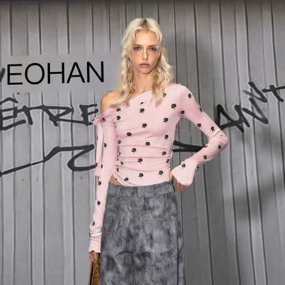 The NeverMore Soft Casual Slim Fit Pink Rose Floral Lyocell Women Long Sleeve Crop Tops