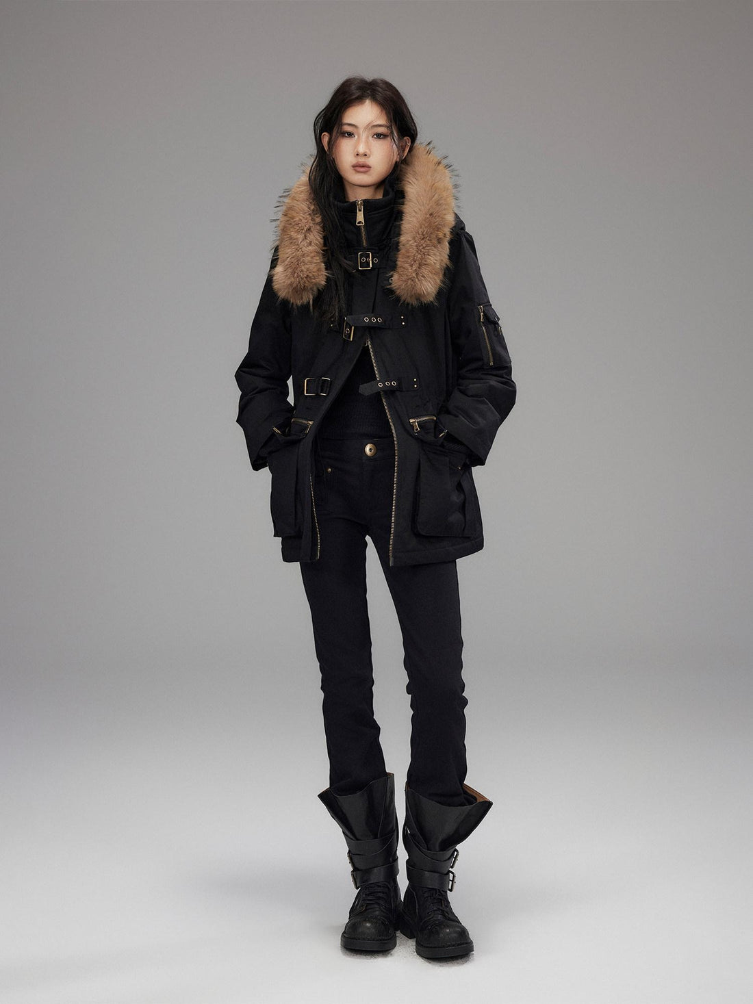 Low pixel Warm Cotton Utility Cinched Waist Multi Pocket Hooded Women Black Puffer Jackets