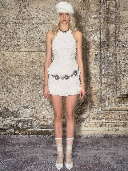 The NeverMore Fringe Polyester Round Neck Pullover Crop Top Cream Party Women Top &amp; Skirt Sets