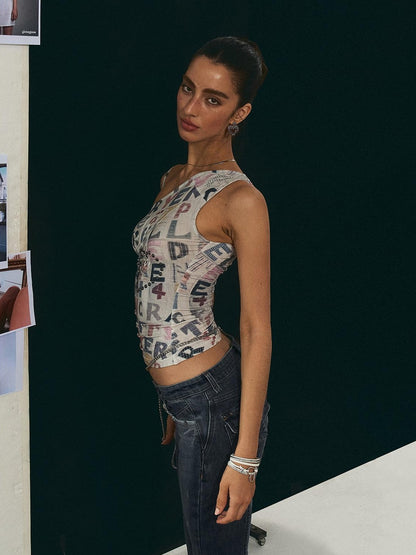 The NeverMore Original Backless Slim Fit Cropped Cotton Women Printed Letter Tank Tops
