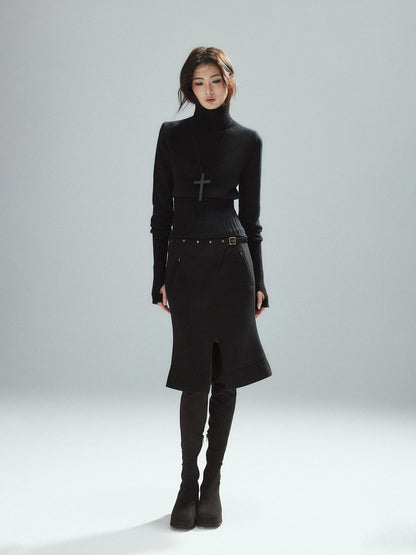 Low pixel Wool Blend Lined Patchwork Hline Slim Low Waist Black Side Zip Midi Skirts