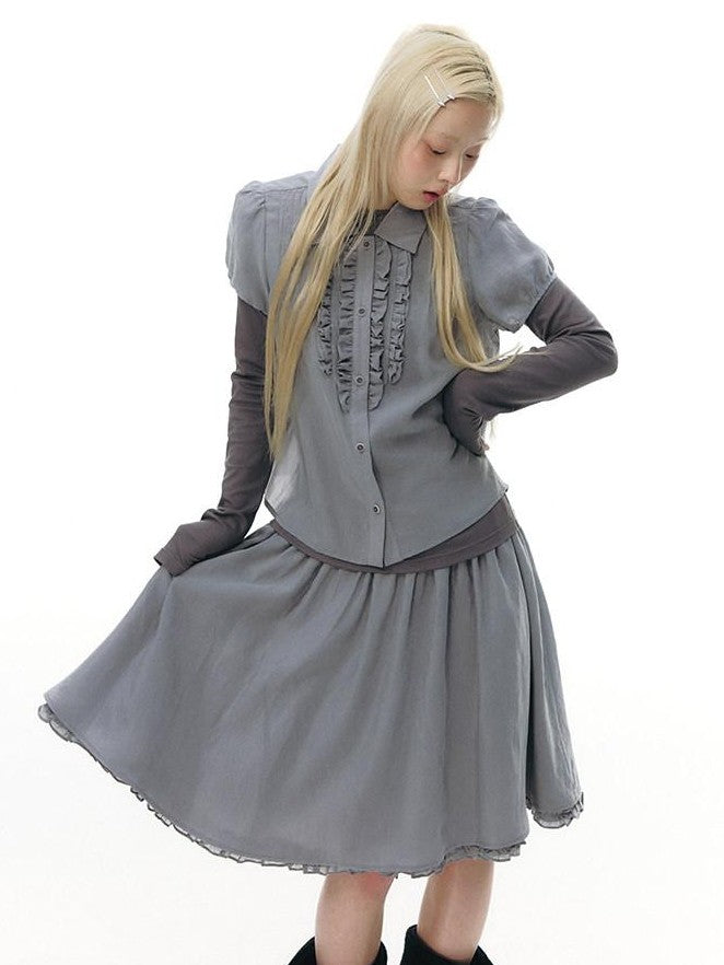 NAPSNAPS Gray Blue Lace Puff Sleeves Cardigan Women&