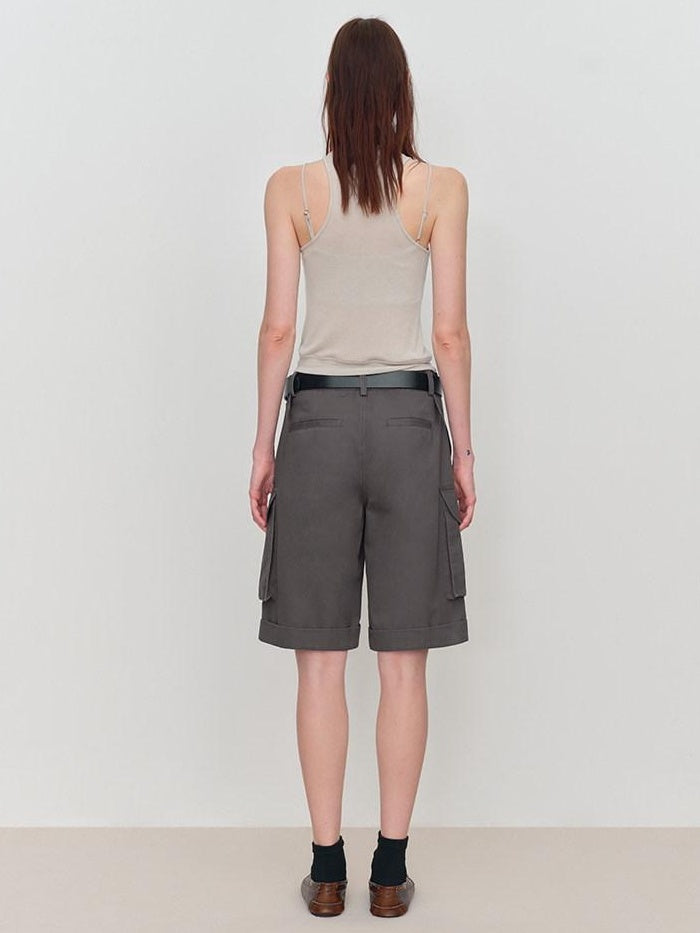 RUN TO THE FUTURE Low Rise Pockets Wide Leg Loose Cotton Women Dark Gray Zip Fly Short Trousers