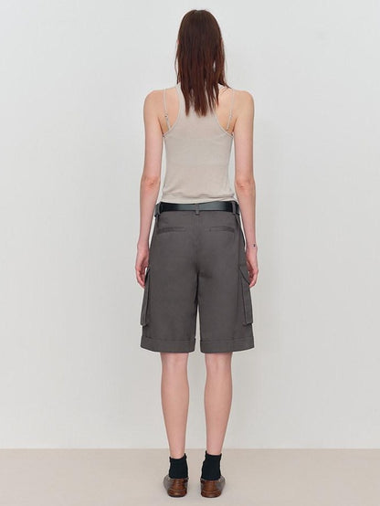 RUN TO THE FUTURE Low Rise Pockets Wide Leg Loose Cotton Women Dark Gray Zip Fly Short Trousers