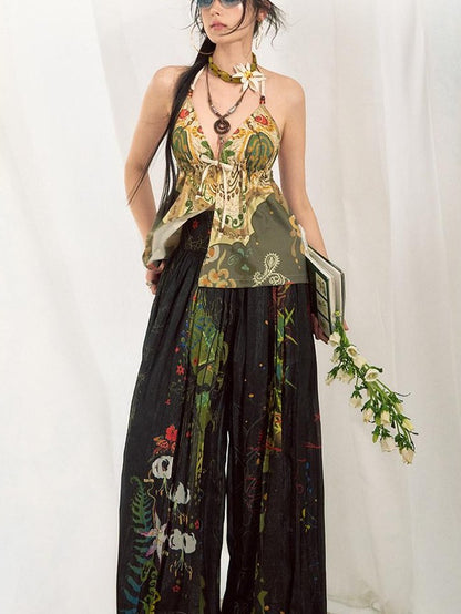 OfAkiva Bohemian Halter Tie Back Deep V Printed Slim Cropped Women&