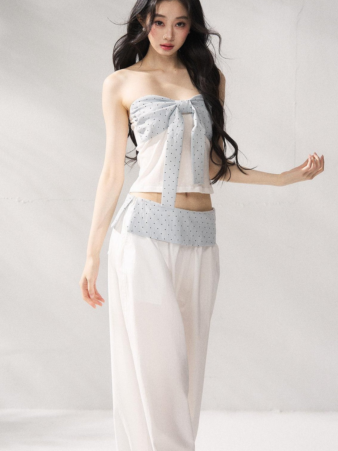7Shiftin Polka Dot Bow Cropped Three Piece High Waist Sleeveless Women Top &amp; Pants Sets