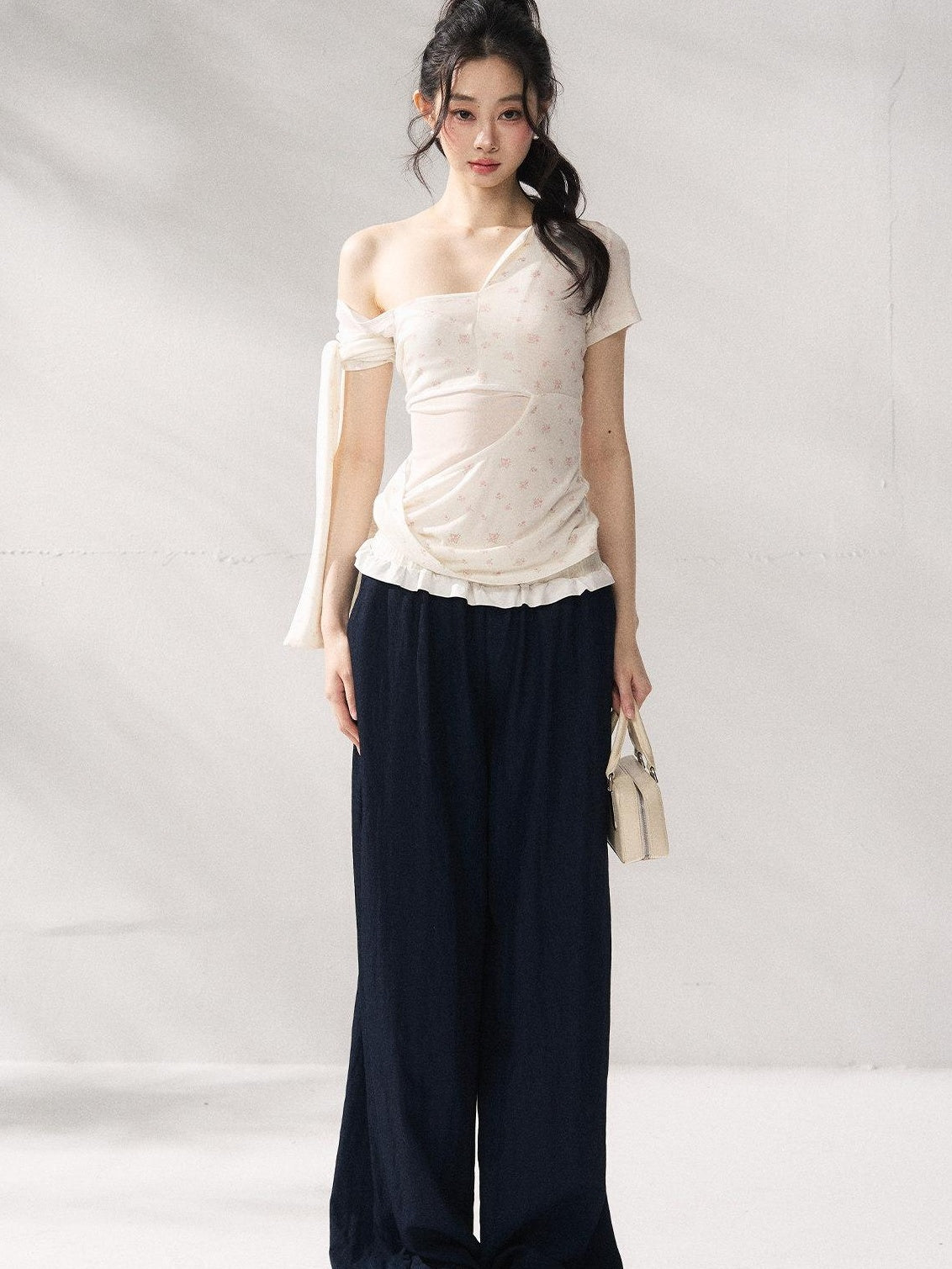 7Shiftin Floral Tie Slim Fit Casual Asymmetrical Neck Short Sleeve Women Basic Crop Tops