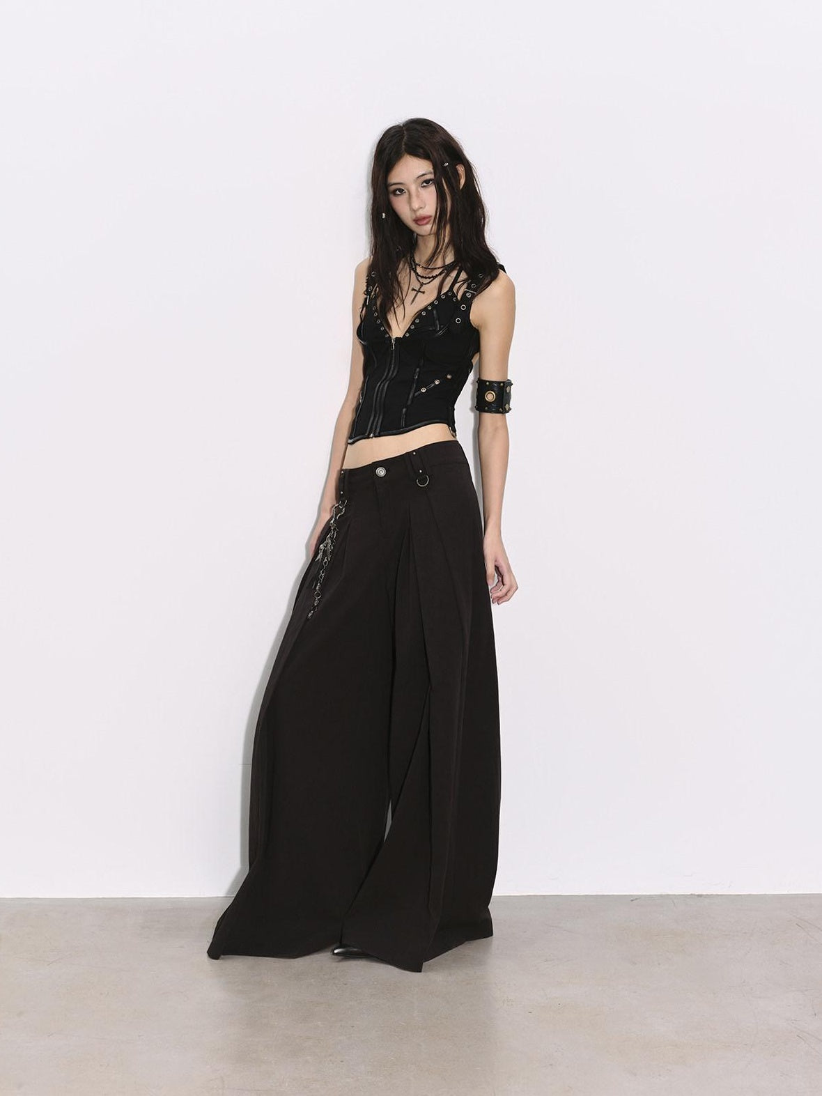 Low pixel Pleated Low Waist Relaxed Cotton Blend Black Women Wide Leg Pants