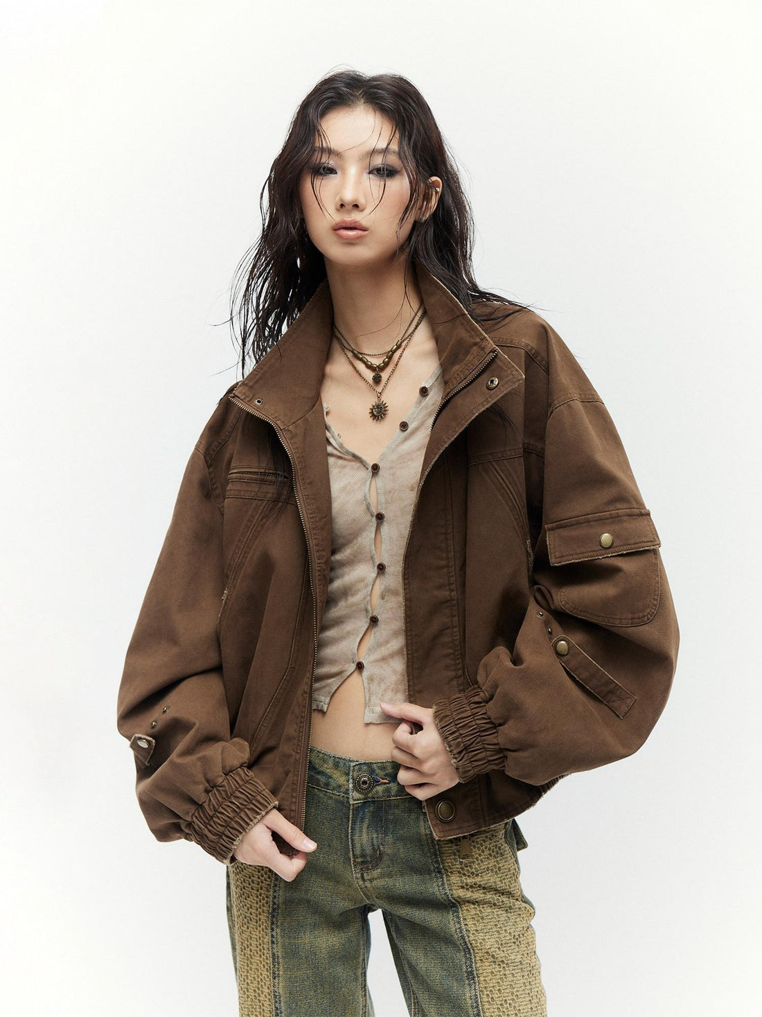 Low pixel Cotton Multi Pocket Street Lantern Sleeves Ribbed Hem Women Cropped Jackets