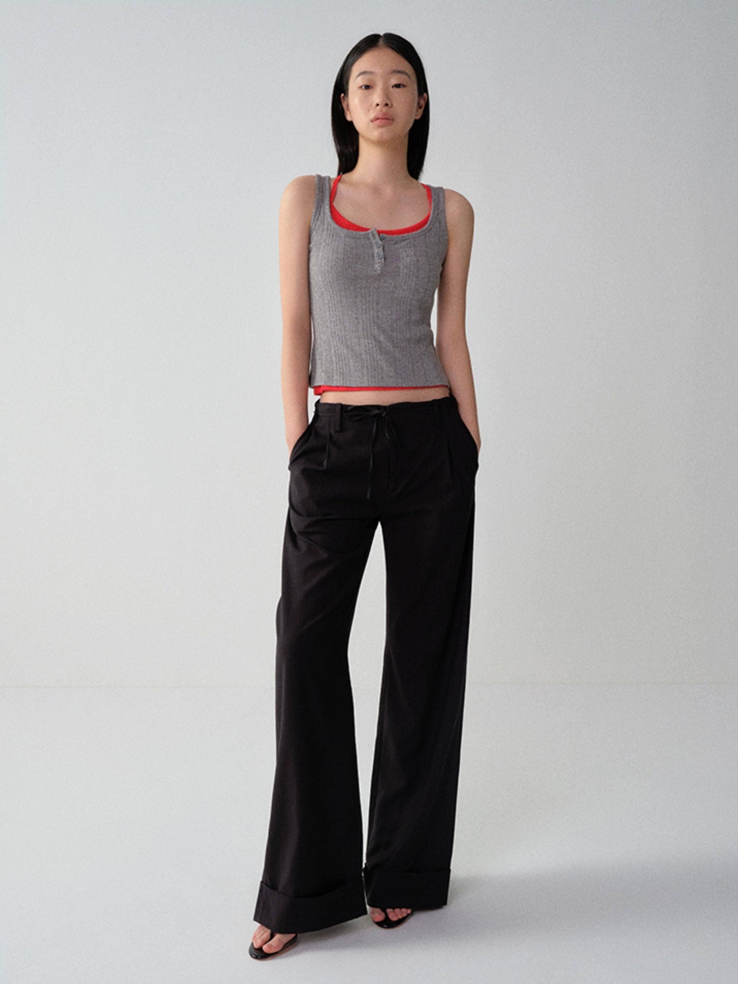 RUN TO THE FUTURE Low Waist Zip Fly Minimalist Relaxed Wide Leg Black Red Stripe Straight Pants