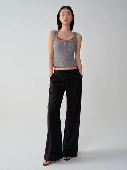 RUN TO THE FUTURE Low Waist Zip Fly Minimalist Relaxed Wide Leg Black Red Stripe Straight Pants