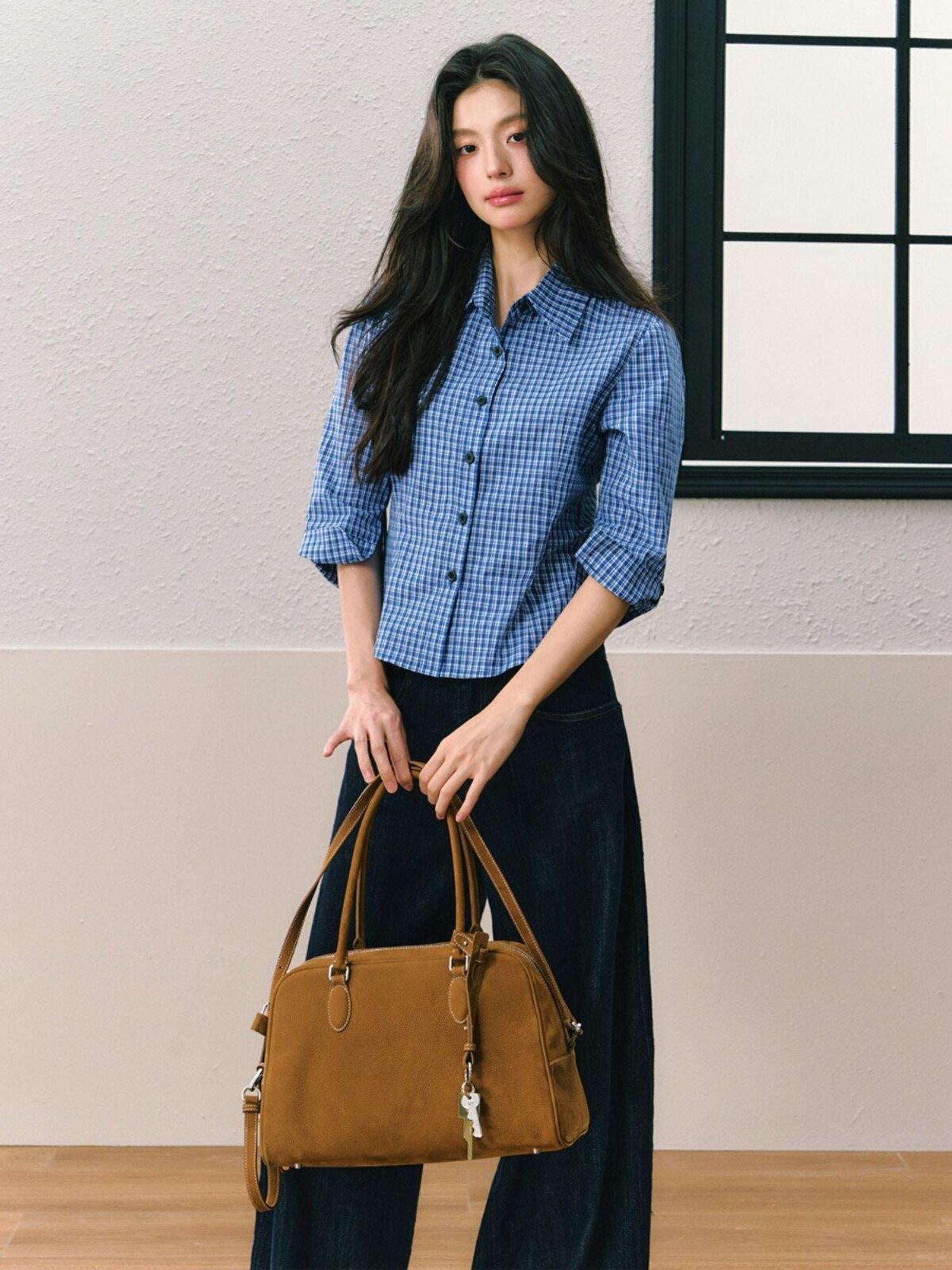7Shiftin Dark Blue Non Stretch Natural Waist Casual Straight Cut Ladies Wide Leg Jeans