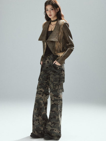 Low pixel Thick Waist Cinch Patchwork Street Style Women Brown Zipper Lapel Cropped Jackets