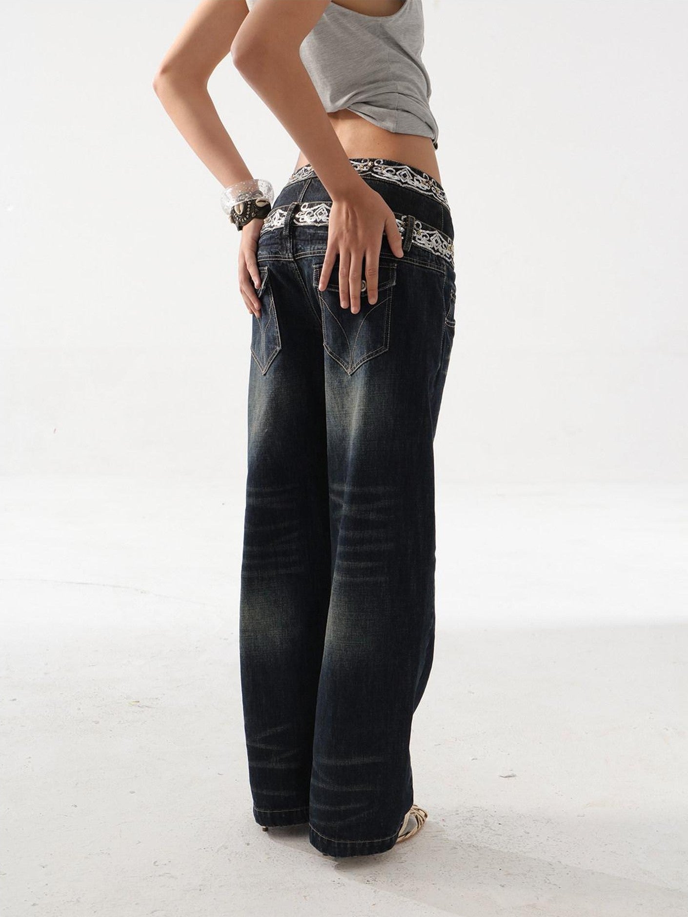 DoublePunch Sequin Embroidered Double Waistband Curved Cut Women&