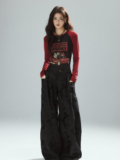 Low pixel Black Cotton Flocked Low Rise Loose Street Women Zip Fly Wide Leg Jeans