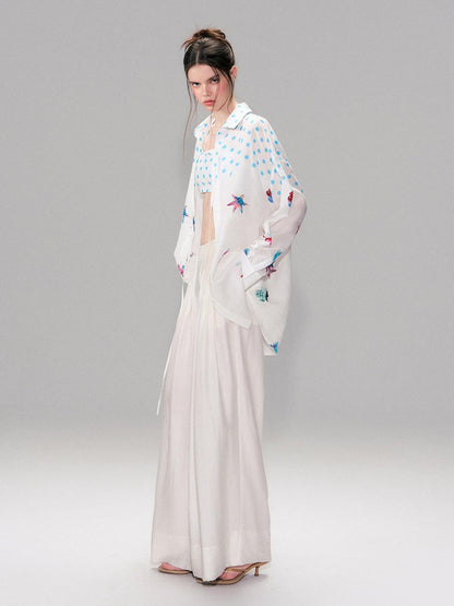 The NeverMore Lightweight Linen Blend Pleated Mid Waist Casual Women Off White Wide Leg Pants