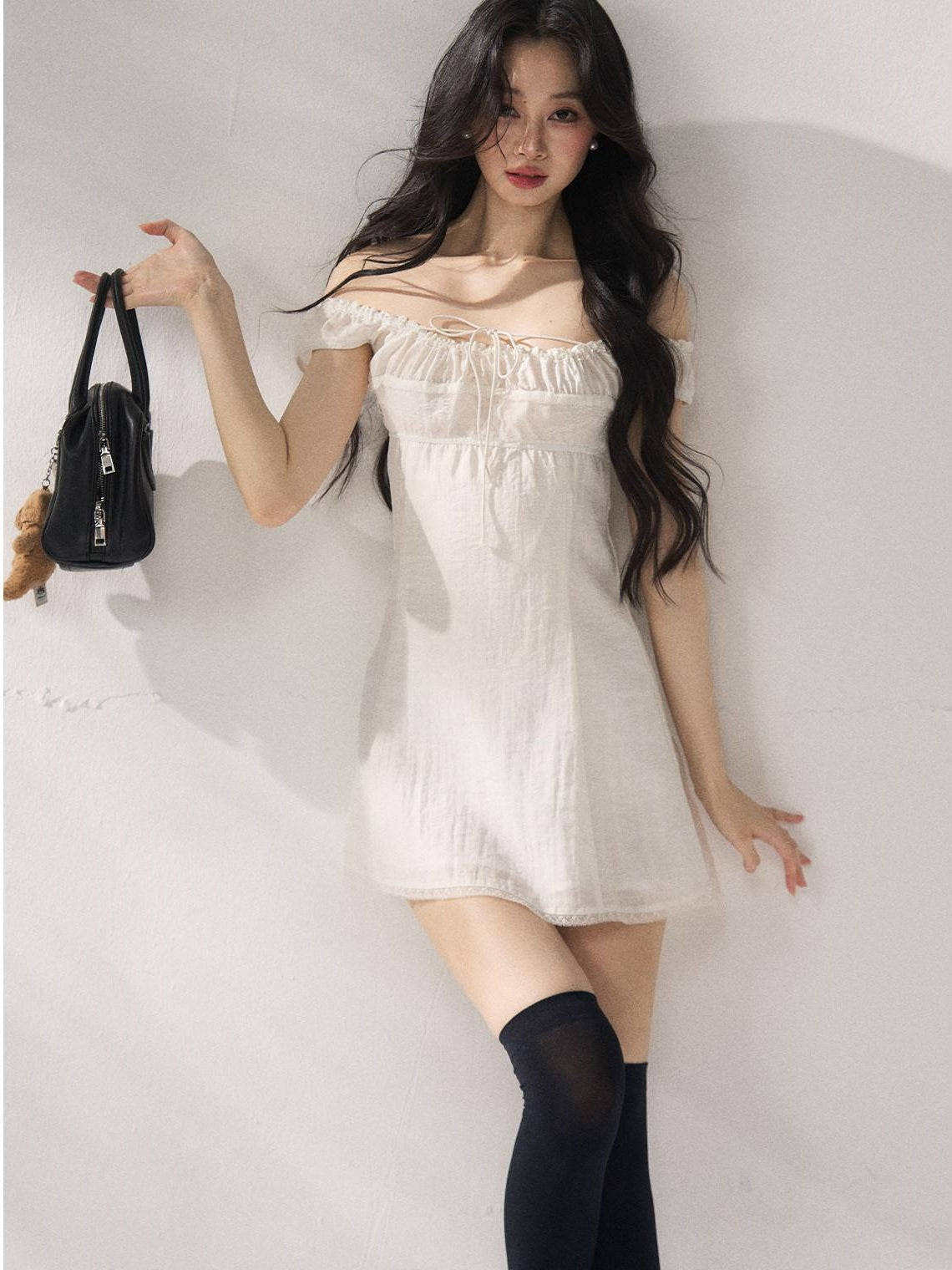 7Shiftin Cinched Tie Waist Minimalist Sleeveless A Line Women White Mini Dresses