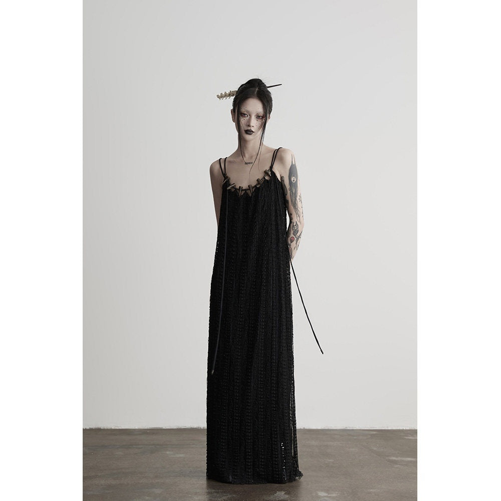 INDULGE Sleek Dark Goth Lace Ribbon H Natural Waist Black Nylon Slip Maxi Dresses