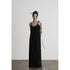 INDULGE Sleek Dark Goth Lace Ribbon H Natural Waist Black Nylon Slip Maxi Dresses