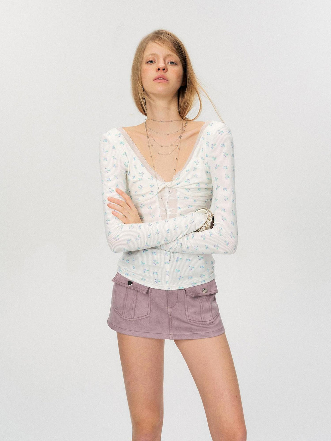 The NeverMore Sexy Mesh Floral Spliced Fitted Womens Stretch Long Sleeve Crop Tops