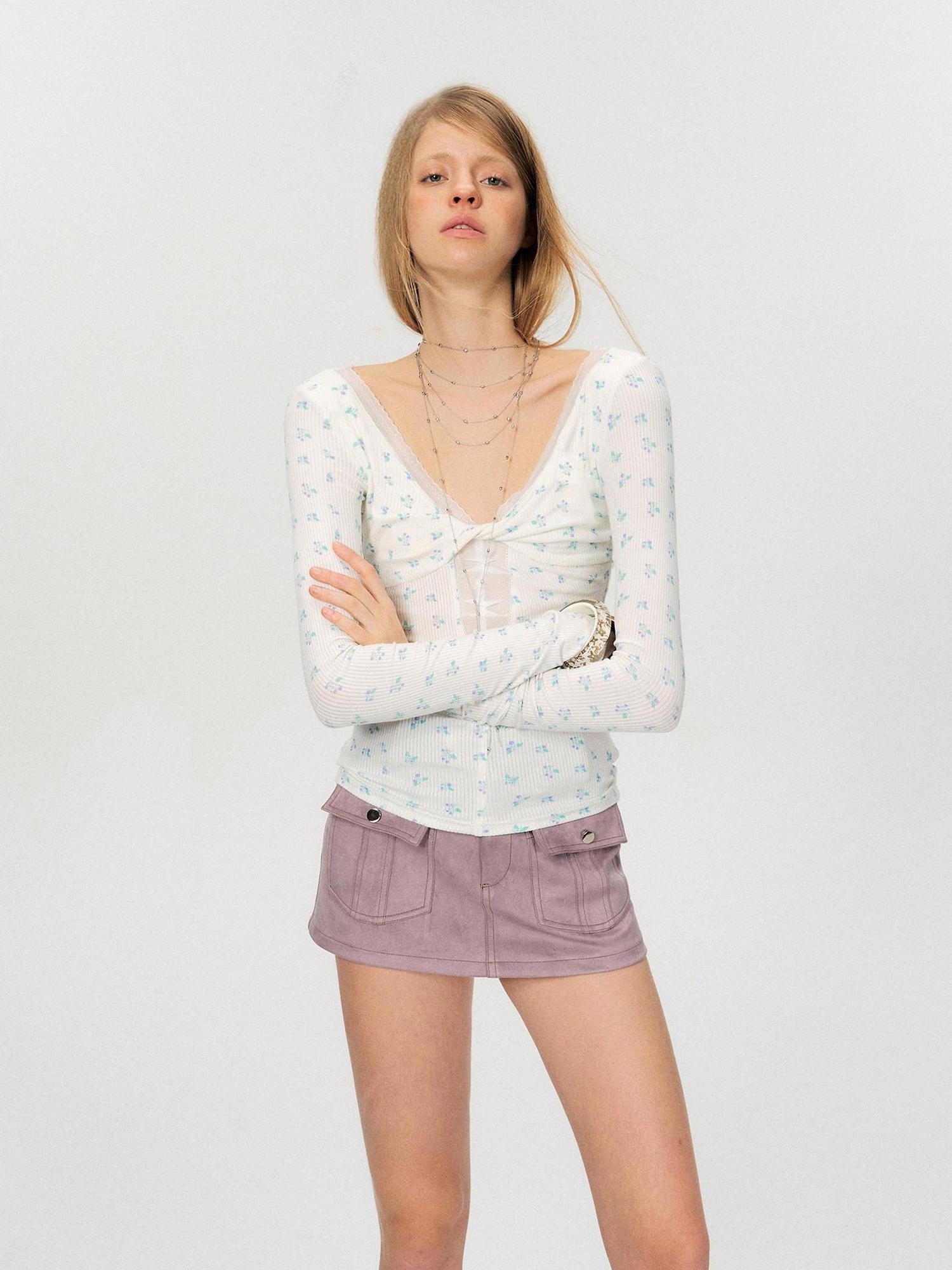 The NeverMore Sexy Mesh Floral Spliced Fitted Womens Stretch Long Sleeve Crop Tops