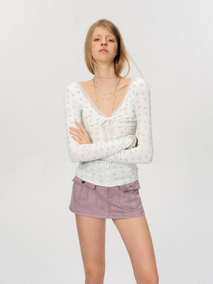 The NeverMore Sexy Mesh Floral Spliced Fitted Womens Stretch Long Sleeve Crop Tops