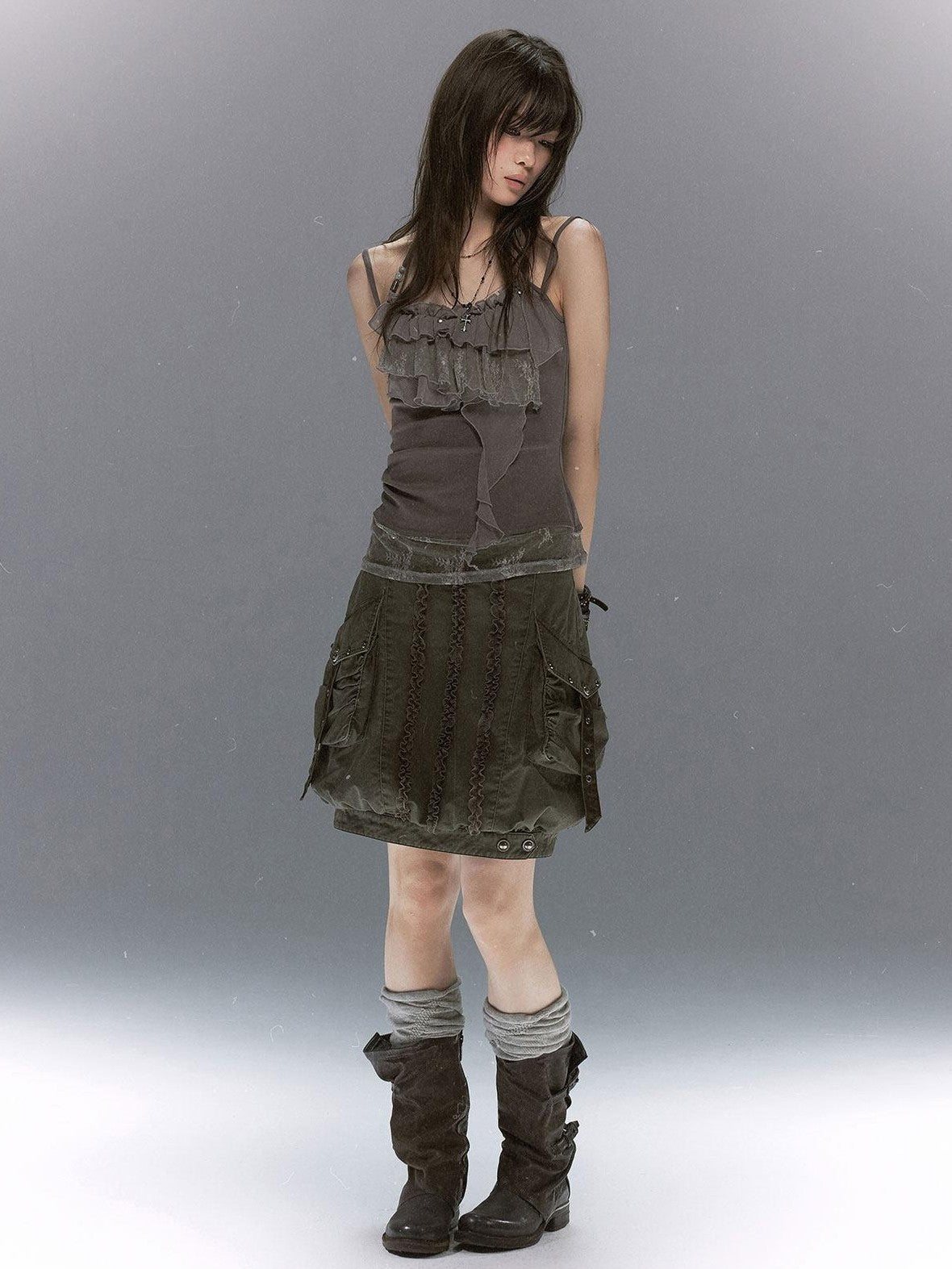Cest Nous Leaf Tie Dye Beaded Lace V-neck Layered Ruffle Women&