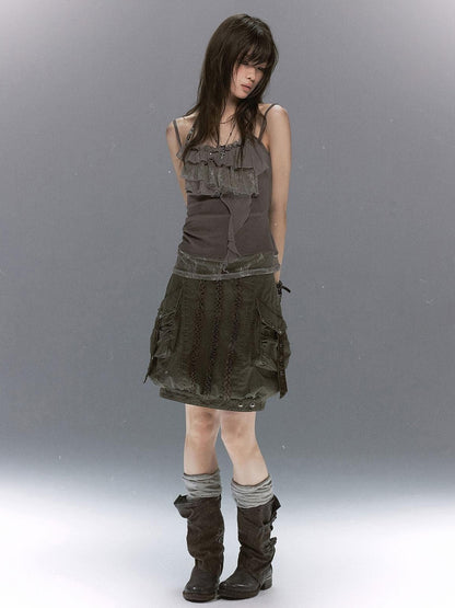 Cest Nous Leaf Tie Dye Beaded Lace V-neck Layered Ruffle Women&