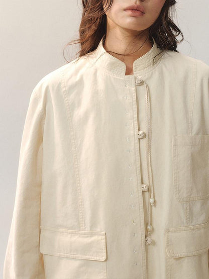 AnnoMundi 100 Percent Cotton Chinese Loose Fit Women Casual Beige Overshirts