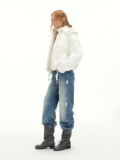 RUN TO THE FUTURE Washed Embroidered Low Rise Straight Cotton Button Fly Women Blue Wide-Leg Jeans