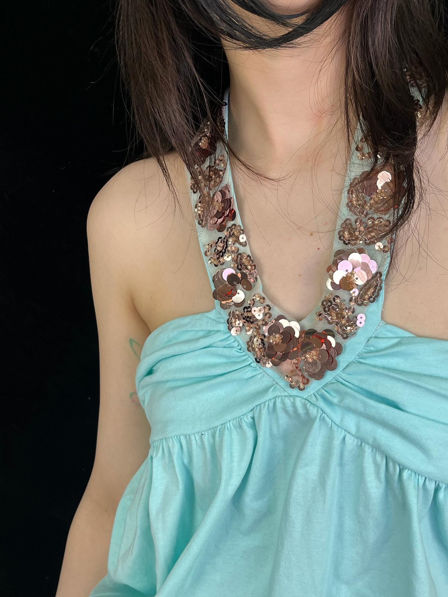 Ttsunami Beaded Sequined Ruched V-neck Halter Open Back Mint Green Women&