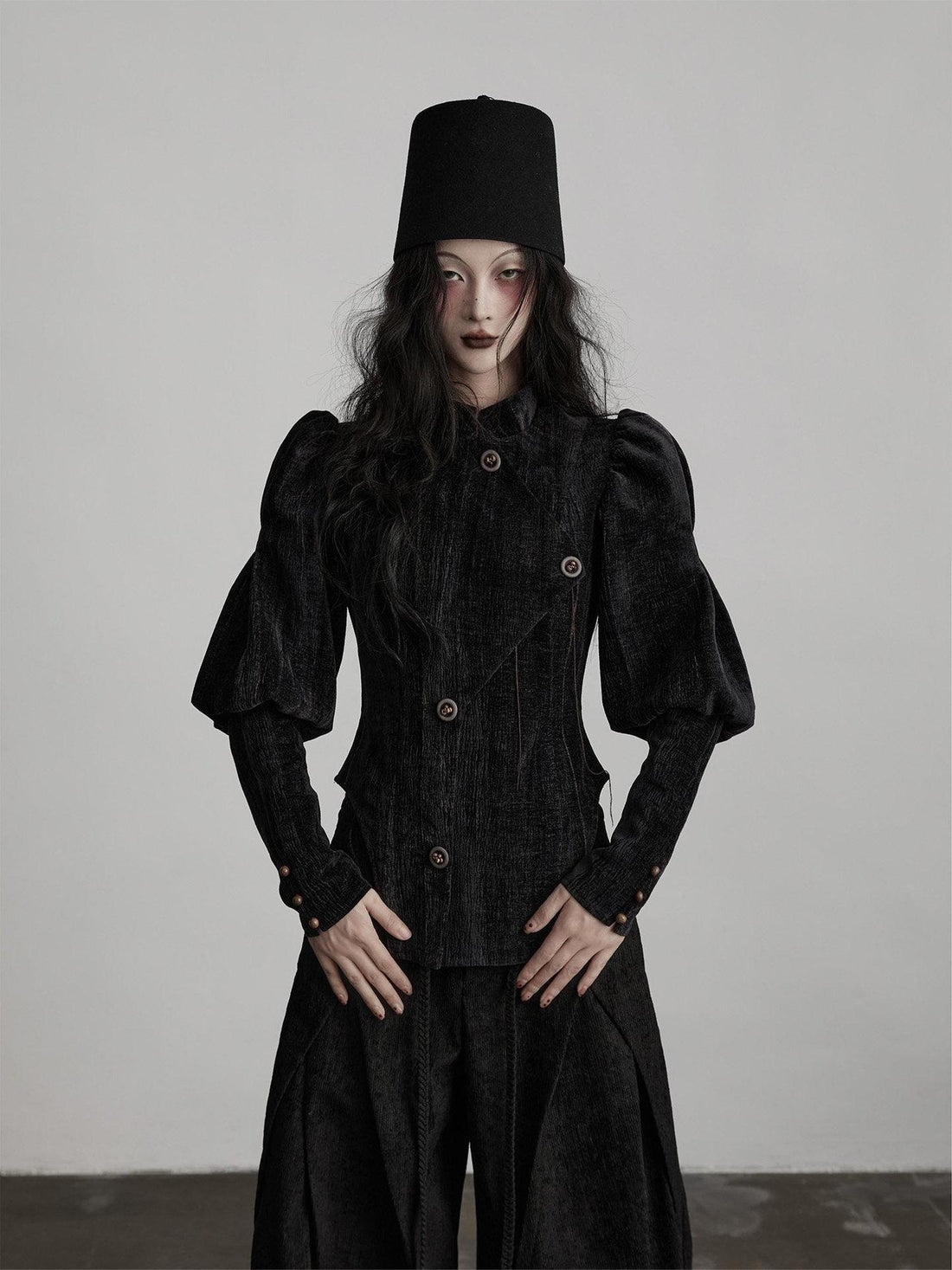 INDULGE Stretchy Waist Cinch Gothic Loose Fit Button Front Women Black Cropped Jackets
