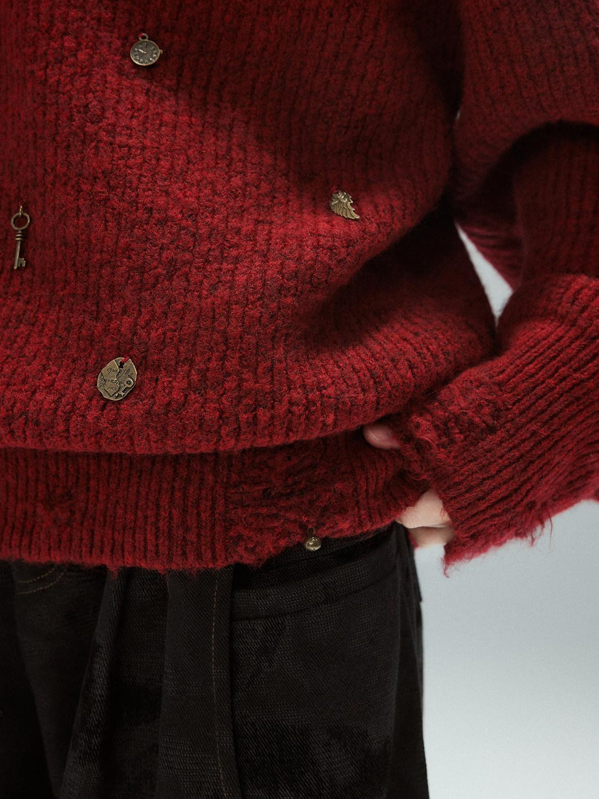 Low pixel Warm Oversized Street Raw Hem Women V-neck Red Pullover Sweaters